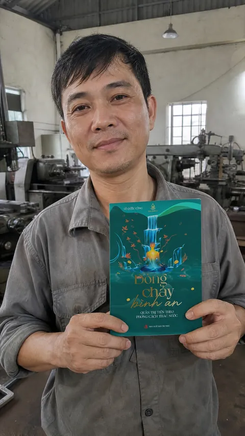 Chủ xưởng cơ khí cầm sách trong xưởng