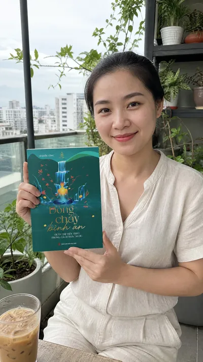 Người phụ nữ cầm sách ngoài ban công buổi sáng